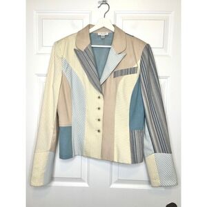 St. John Sport Marie Gray Blue Beige Patchwork Seersucker Striped Blazer Large